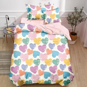 Lenjerie pat 1 PERSOANA,  FINET, 4 piese, cu ELASTIC, Roz-Bleu, inimioare