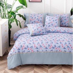 Lenjerie pat dublu,  Finet, CEARSAF CU ELASTIC, 6 piese, Bleu, model floral