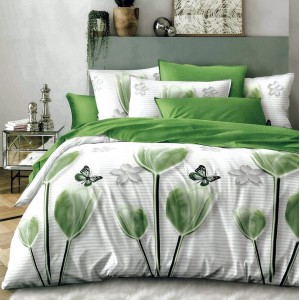 Lenjerie pat dublu,  FINET, 6 piese, cu ELASTIC, Verde, lalele, fluturi