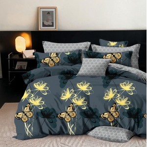 Lenjerie pat dublu,  FINET, 6 piese, Galben, flori, fluturi