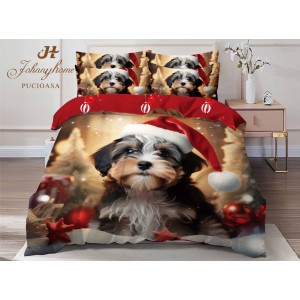 Lenjerie pat dublu, FINET, Digital Print, Craciun, Bej, Roșu, cățel, bichon Lenjerie pat dublu, FINET, Digital Print, Craciun, Bej, Roșu, cățel, bichon