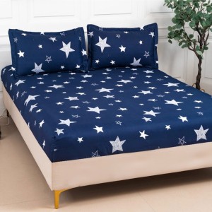 Cearsaf cu elastic, Bumbac Satinat, 160/180x200cm, 2 fete de perne 50x70cm, Albastru, stelute