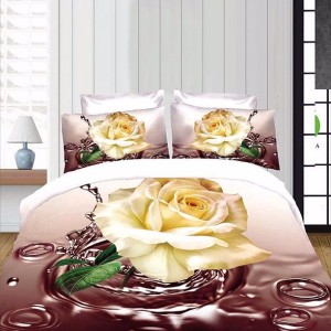 Lenjerie pat 1 PERSOANA, 3 piese, IMPRIMEU 3D Multiplicat, Microfibra, Crem-Maro, trandafiri