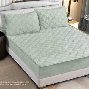 Husă Matlasată Tip Topper din Catifea 180x200cm, cu 2 Fețe de Pernă 50x70cm -  Somn Odihnitor și Susținere pentru Spate, Verde salvie