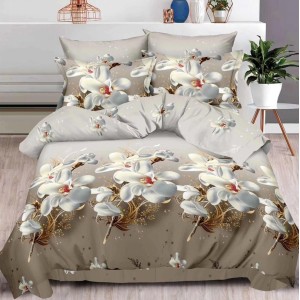 Lenjerie pat dublu, 6 PIESE, IMPRIMEU 3D Multiplicat, Microfibra, Gri-Bej, flori