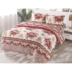 Lenjerie pat dublu, Super Pufoasa COCOLINO, 4 piese, cu ELASTIC, Crem, Maro, flori