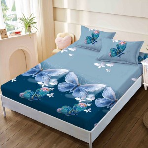 Cearsaf cu elastic, FINET, 160x200cm, 2 fete de perne 50x70cm, Albastru, Fluturi – confort și eleganță pentru patul tău