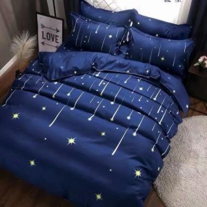 Lenjerie pat dublu cu doua feţe, bumbac satinat, 4 piese,  Albastru, stelute