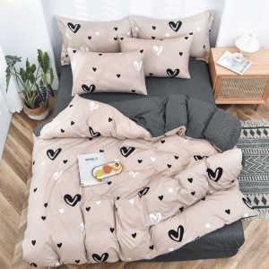 Lenjerie pat 1 PERSOANA, 4 piese, cu ELASTIC,  Maro, inimioare