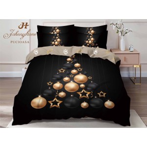 Lenjerie pat dublu,  FINET, Digital Print, Craciun, Negru, Auriu, globulete
