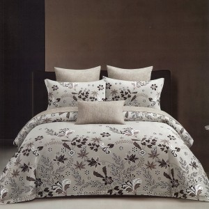 Lenjerie pat dublu,  FINET, 6 piese, Grej, frunze, flori