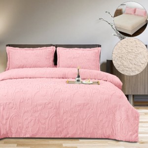 Lenjerie de pat dublu, Luxoasă și Super Pufoasă CoCoLiNo 3D, cu Blăniță Sherpa, 4 Piese, Cearșaf cu Elastic – Microfibră Plusată, Căldură și Stil pentru Dormitorul Tău, Floral print, Roz