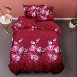 Lenjerie pat 1 PERSOANA, 3 piese, IMPRIMEU 3D Multiplicat, Microfibra, Visiniu, flori