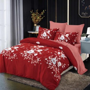 Lenjerie pat dublu,  FINET, cu elastic, 6 piese, Rosu, flori