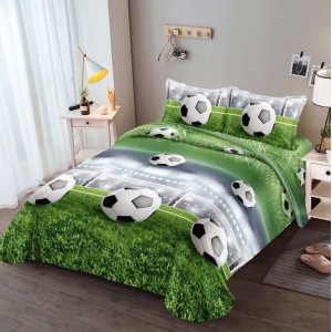 Lenjerie pat dublu, 4 piese, IMPRIMEU 3D Multiplicat Multiplicat, Microfibra, Alb-Verde, fotbal