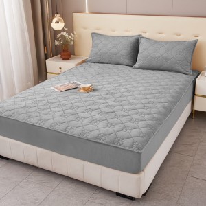 Husă Matlasată Tip Topper din Catifea 180x200cm, cu 2 Fețe de Pernă 50x70cm -  Somn Odihnitor și Susținere pentru Spate, Gri deschis