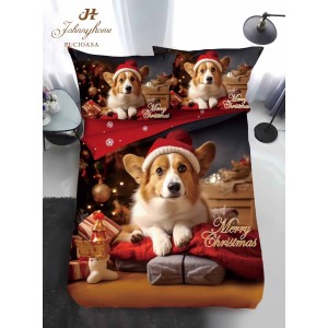 Lenjerie pat 1 PERSOANA, BUMBAC FINET, 4 piese, Identică cu Poza, Craciun, Roșu, Maro, cățel