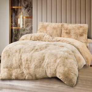 Lenjerie Cocolino Fluffy Super Pufoasă, Set 4 Piese, Pat Dublu, Cearșaf cu elastic – Căldură și Confort Premium, Ideală pentru Nopți Friguroase, Bej degrade