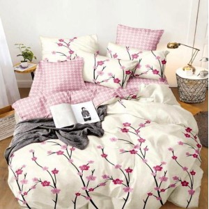 Lenjerie pat dublu cu doua feţe, bumbac satinat, 4 piese,  Roz, flori de cires