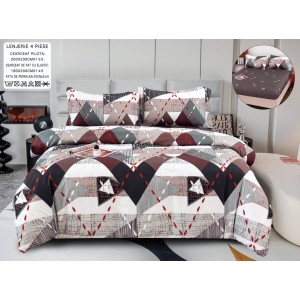 Lenjerie pat dublu, bumbac satinat,  Cearșaf cu ELASTIC 180x200cm, 4 PIESE, Crem, Maro, Gri, forme geometrice