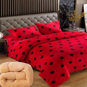 Lenjerie pat dublu, Super Pufoasa COCOLINO cu BLANITA, 4 piese, Rosu, inimioare