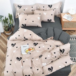 Lenjerie pat dublu, bumbac satinat,  cu elastic, Bej, inimioare