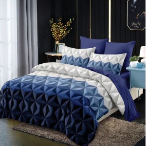 Lenjerie pat dublu,  FINET, cu elastic, 6 piese, Albastru, forme geometrice