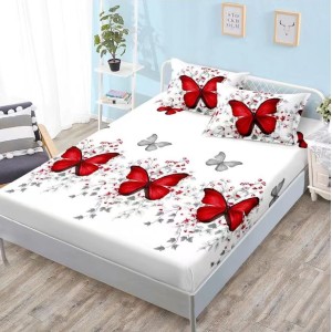 Cearsaf cu elastic, FINET, 160x200cm, 2 fete de perne 50x70cm, Rosu, fluturi