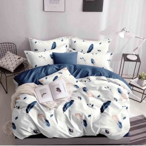 Lenjerie pat 1 PERSOANA, 4 piese, cu ELASTIC,  Albastru, pene