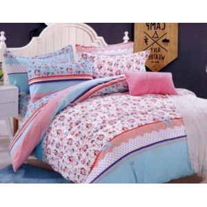 Lenjerie pat dublu, FINET, 6 piese, Roz-Bleu, flori Lenjerie pat dublu, FINET, 6 piese, Roz-Bleu, flori