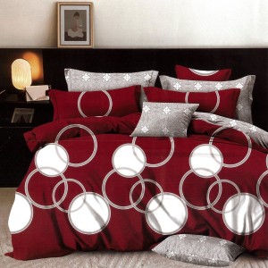 Lenjerie pat dublu,  FINET, 6 piese, cu ELASTIC, Rosu, cercuri