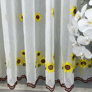 Perdea pentru Bucatarie din IN brodat - 500cm x 220cm , Rejansa pt. bara , Alb cu floarea soarelui