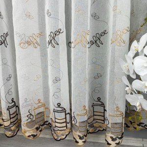 Perdea pentru Bucatarie din IN brodat ,Alb cu Cafea V1- 500cm x 220cm, Rejnasa pt. bara  