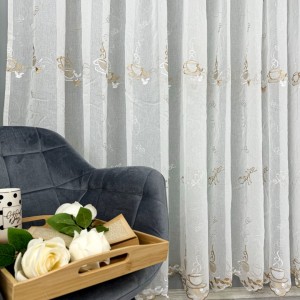 Perdea pentru Bucatarie din IN brodat - 500cm x 220cm, Rejansa pt. bara ,  Alb cu Cafea V2
