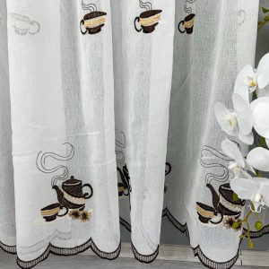 Perdea pentru Bucatarie din IN brodat, Alb cu Cafea V3, 200cm latime x 200cm inaltime, cu rejansa pentru bara