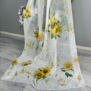 Perdea pentru Bucatarie din IN imprimat -140cm x 190m , rejansa pt.bara, Alb cu florea soarelui