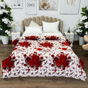 Patura pufoasa cocolino 200x230cm, 240g/mp, Alb, trandafiri rosii