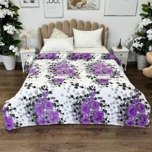 Patura pufoasa cocolino 200x230cm, 240g/mp, Alb, flori mov