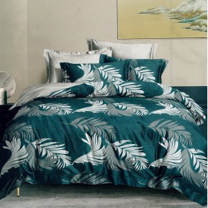 Lenjerie pat dublu,  FINET, 6 piese, cu ELASTIC, Verde, pene