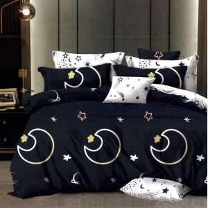 Lenjerie pat dublu,  FINET, 6 piese, cu ELASTIC, Bleumarin, stelute