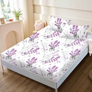 Cearsaf cu elastic, FINET, 160x200cm, 2 fete de perne 50x70cm, Alb, Lila, Flori – confort și eleganță pentru patul tău