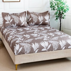 Cearsaf cu elastic, Bumbac Satinat, 160/180x200cm, 2 fete de perne 50x70cm, Maro, frunze