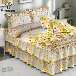 Lenjerie pat dublu,  FINET, 6 piese, cu VOLANASE, Bej, flori