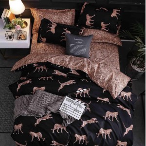 Lenjerie pat dublu cu doua feţe, bumbac satinat, 4 piese,  Negru, leoparzi