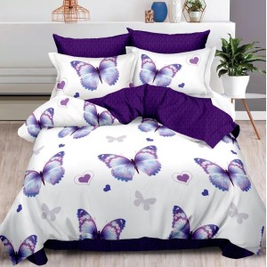 Lenjerie pat dublu,  FINET, 6 piese, Mov, fluturi, inimioare
