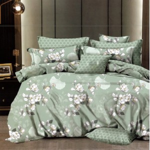 Lenjerie pat dublu,  FINET, 6 piese, cu ELASTIC, Verde, flori