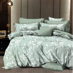 Lenjerie pat dublu,  FINET, 6 piese, cu ELASTIC, Vernil, flori