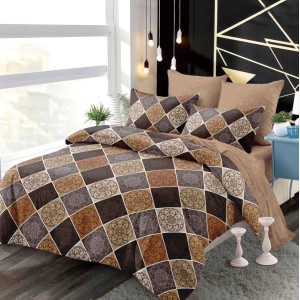 Lenjerie pat dublu,  FINET, cu elastic, 6 piese, Maro, romburi