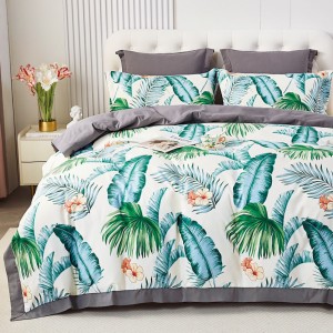 Lenjerie de Pat Dublu, Super Premium,  Finet Ranforsat – Set Exclusivist 6 Piese, Ambalat în Cutie de Lux, Alb, Verde, Gri, frunze