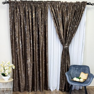Set 2 Draperii Catifea CRETA cu insertii aurii - 150cm latime x 250cm inaltime, Rejansa pt. sina , Maro - V44